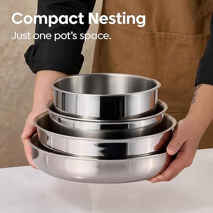 CAROTE 19pcs Stainless Steel Cookware Set with Detachable Handle, Pots and Pans Set, Induction Kitchen Cooking Sets, RV/Camping Cookware, Removable Handle, Oven Safe, Woodgrain