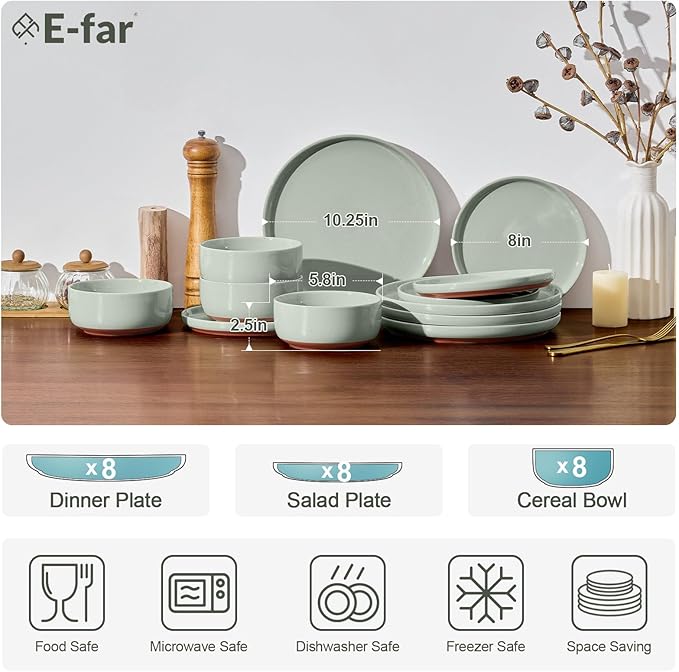 E-far 24-Piece Stoneware Dinnerware Sets, Plates and Bowls Sets for 8, Ceramic Dishware Dishes Set with Terracotta Base, Chip & Scratch Resistant, Microwave & Dishwasher Safe, Speckled Green