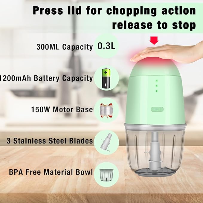 Mini Food Processor - Cordless Food Processor & Portable Small Food Chopper for Meat Vegetables Fruit Salad Onion Garlic, Kitchen 1.3Cup, 300ml, 150 Watts,Glass Container Dishwasher Safe