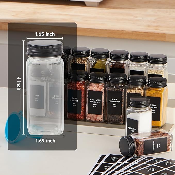 Skiileor 25 Pcs Spice Jars with Label- Glass Spice Jars with Black Metal Caps,Shaker Lids, Funnel, Chalk Pen, 4oz Seasoning Containers Bottles for Spice Rack, Cabinet, Drawer