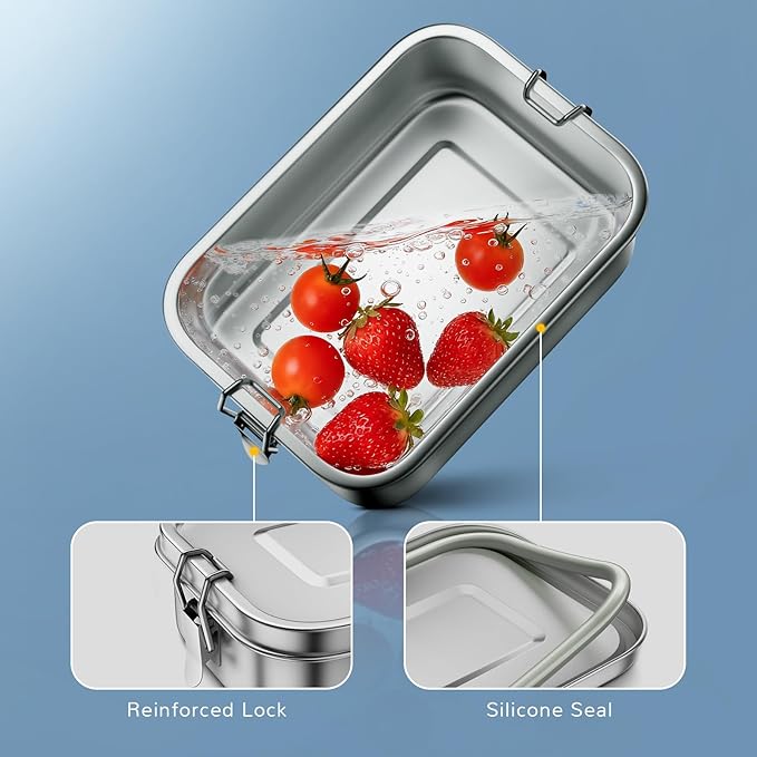G.a HOMEFAVOR Stainless Steel Bento Lunch Box - Leak-Proof Metal Bento Box, Large Food Container with Lock Clips, Snack Container, Dishwasher Safe, 800 ml/27 oz