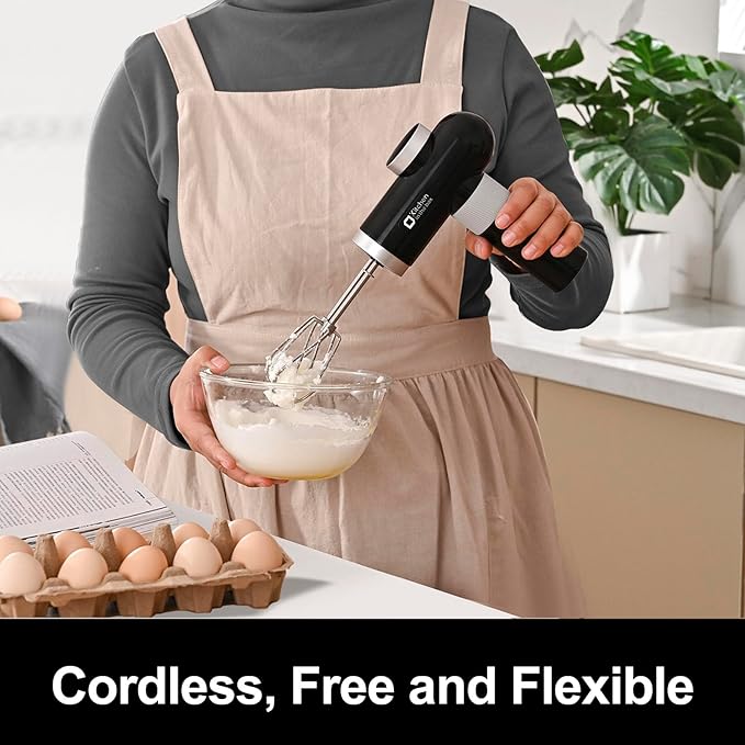 Kitchen in the box Cordless Rechargeable Hand Mixer for Kitchen, Portable Handheld Electric Mixer with Beaters, Whisks, 6-Speed Digital Display, Charging Base and USB-C Charge Cable (Classic Black)