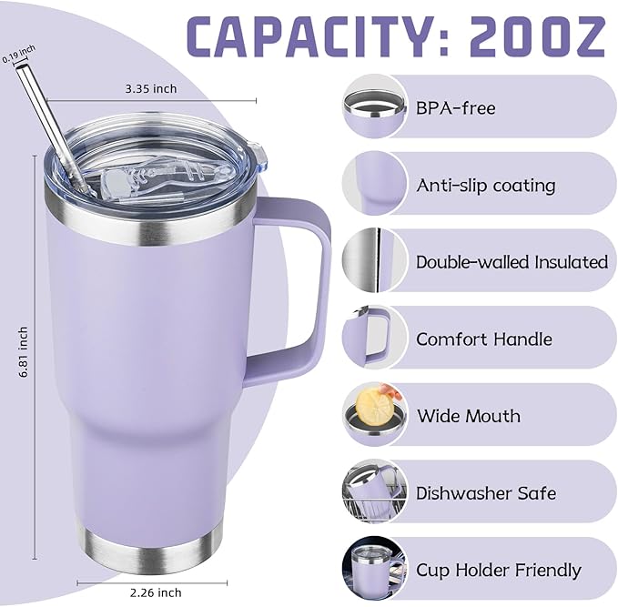 20 oz Tumbler with Handle Stainless Steel Insulated Coffee Mug Tumbler with Lid and Straw Double Wall Vacuum Insulated Coffee Mug Leak Proof Travel Tumbler for Hot and Cold Drink (Pale Purple,1pack)