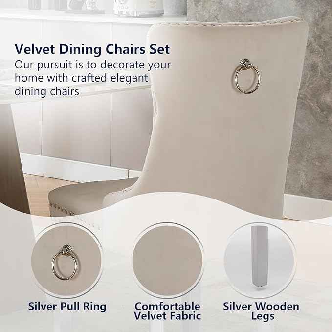 Velvet Dining Chairs Set of 2, Kitchen & Dining Room Chairs, Upholstered Dining Chairs with Back Ring Pull and Silver Solid Wood Legs, Modern Tufted Kitchen Chairs for Dining Room, Cream