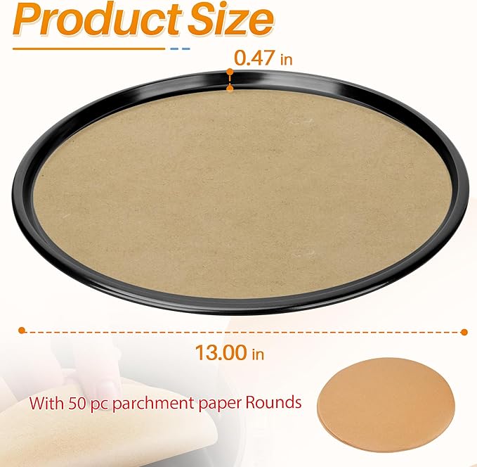 13 Inch Nonstick Pizza Pan Fit for Breville Smart Oven BOV800XL, BOV845BSS Countertop Oven Accessories Round Pizza Tray Replacement, with 50 Pcs Parchment Paper Sheets（Heavy Carbon Steel）