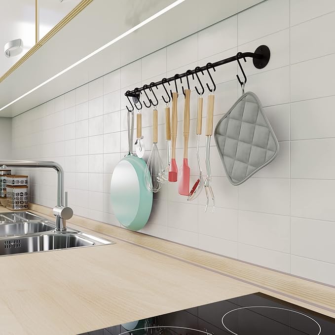 Wallniture 24" Gourmet Kitchen Rail for with 10 S Hooks for Hanging Utensils, Pot Pan Lid Rack Storage Organizer Set, Steel, Black