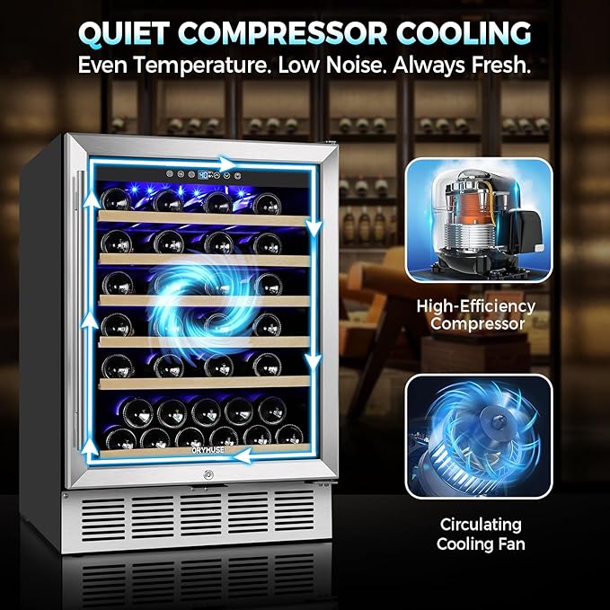 ORYMUSE 24 Inch Wine Fridge, 54 Bottle Wine Cooler Refrigerator with Stainless Steel Glass Door, LED Display, Upgraded Compressor, Built-In or Freestanding for Home Bar Kitchen