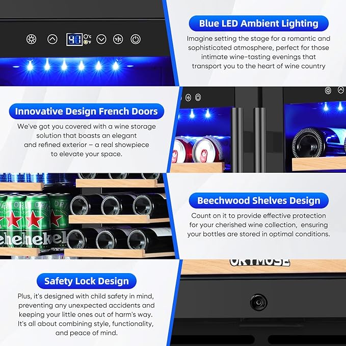 ORYMUSE 30 Inch Dual Zone Wine & Beverage Refrigerator, Built-In or Freestanding Wine Fridge with Seamless Black Stainless Steel Door, Glass Door, Digital Touch Control, Holds 30 Bottles & 110 Cans