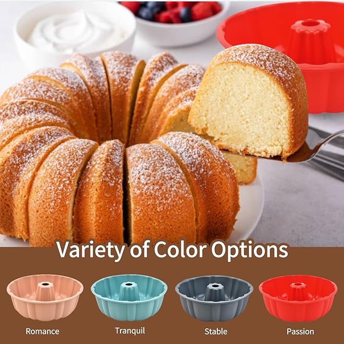 PADELE 2 Pack Silicone Cake Pan Nonstick,10 Inch, Silicone Cake Molds,Pound Cake Pan, Baking Cake Pan for Jello,Gelatin,Cake,Brownie and Bread（Red+Blue）