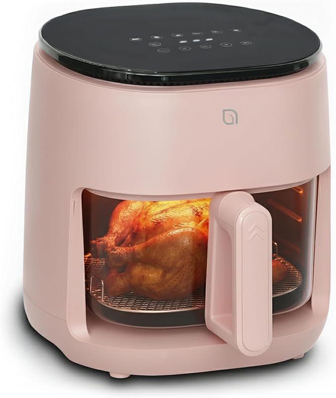 WILLOW Eco Series 6 in 1 Air Fryer with Glass Basket, 5 Quart Non Toxic Air Fryer w Digital Display, 430°F Max Temp, Preheat & Keep Warm Function, Compact + Dishwasher Safe Glass Pink Airfryer
