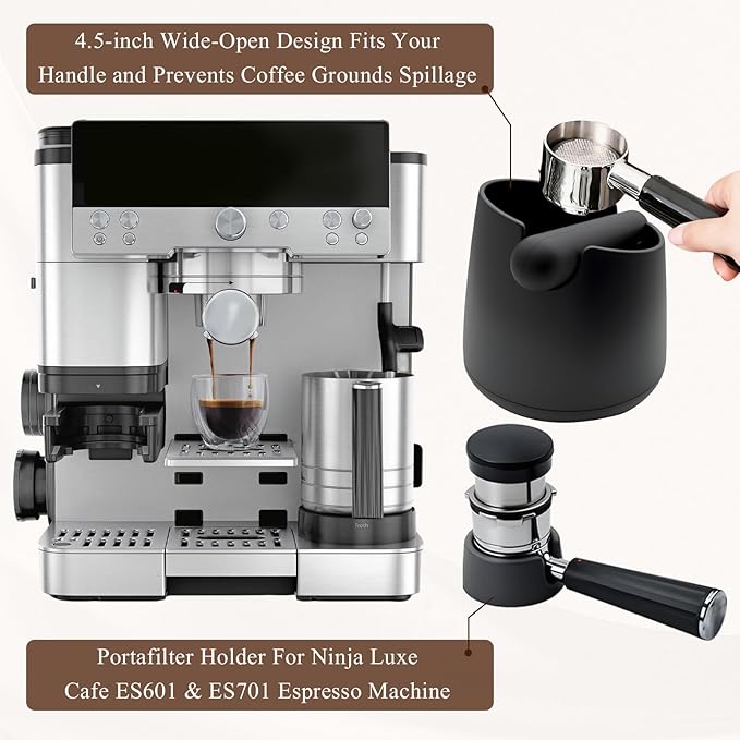 Portafilter Holder & Coffee Knock Box Combo for Ninja Luxe Café ES601&ES701 Espresso Machine - Anti-Slip Silicone Coffee Tamper Base and Large Capacity ABS Knock Box Espresso Accessories Kit,Black