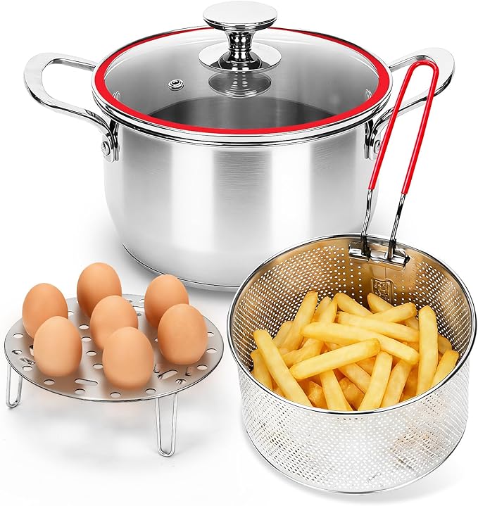 Deep Fryer Pot with Basket, 4.0L/4.2QT 304 Stainless Steel Standard Capacity Multi-function Cooking Pot with Strainer Basket, Anti-scald Handle, Egg Steamer Rack and Lid for Kitchen Camping