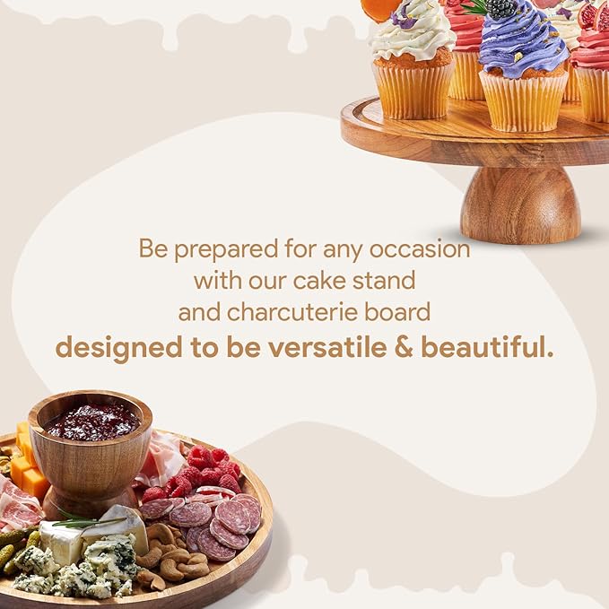 HOMESPHERE Acacia Wood Cake Stand with Lid - Multifunctional 12 In Round Cake Holder, Dessert Table Display Set & Charcuterie Board for Cheese, Chips, Fruit Platter, Acrylic Cake Dome Cover, No Glass