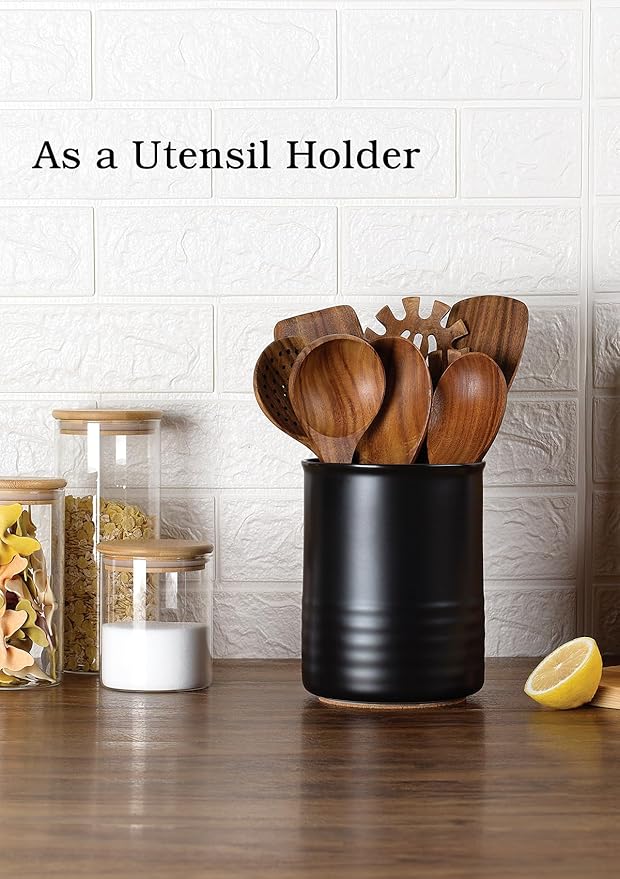 Utensil Holder, 6.7" Ceramic Kitchen Utensil Crock for Countertop Cooking, Modern Utensil Caddy Jar Organizer for Farmhouse Kitchen Counter Décor, Matte Black