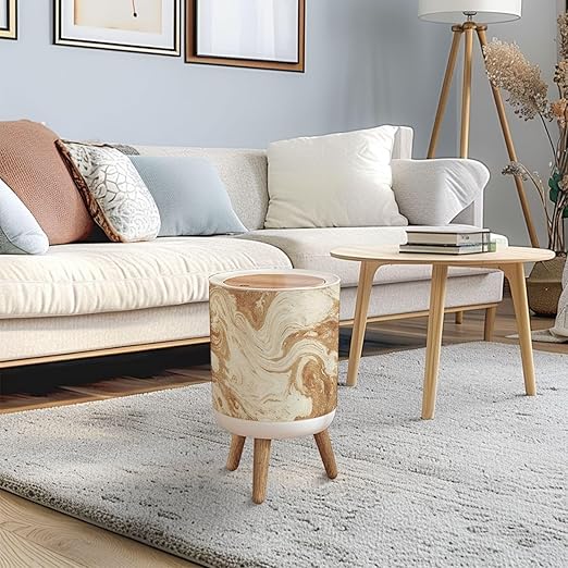 Trash Can with Lid Gold Textured Paper Press Top Round Small Garbage Bin with Wooden Legs Waste Basket for Kitchen Bedroom Nursery 7L/1.8 Gallon
