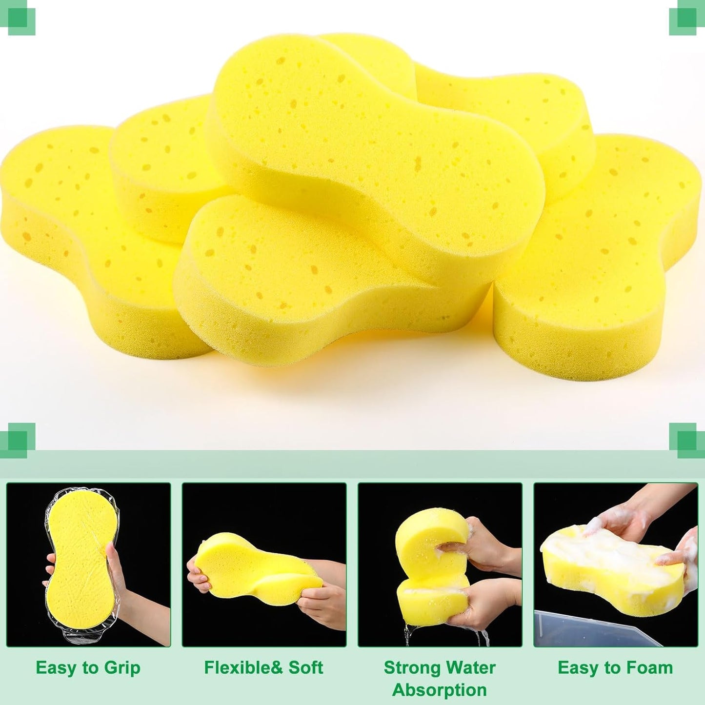 Vesici 60 Pack Car Wash Sponges Large Sponges Bulk Big All-Purpose Scrubber Thick Foam Car Cleaning Supplies for Washing Boat Kitchen Household with Single Vacuum Compressed Packing (Bright Yellow)