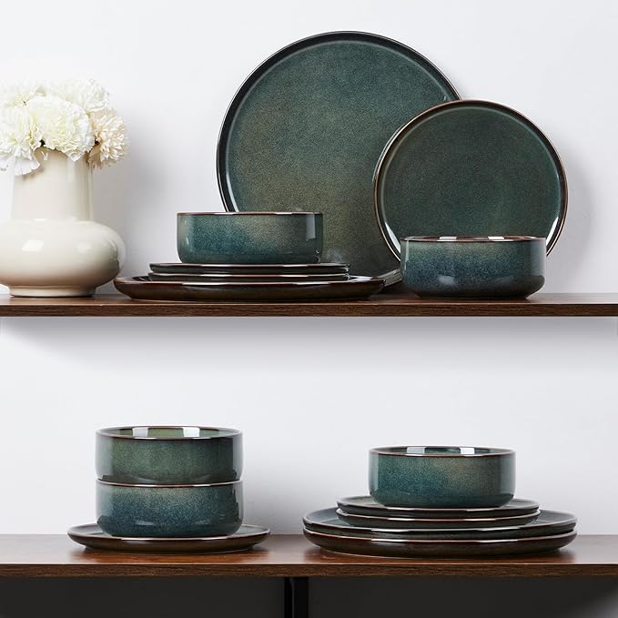 E-far Dinnerware Sets for 8, 24-Piece Stoneware Plates and Bowls Set, Ceramic Dishes Reactive Glaze Dinning Ware, Microwave & Dishwasher Safe - Obsidian Green