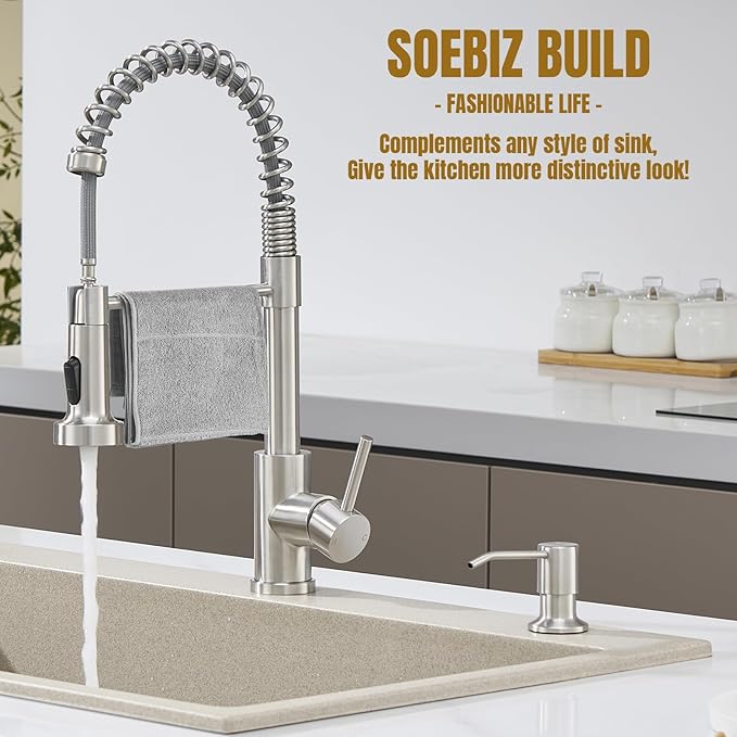 Built in Soap Dispenser for Kitchen Sink Countertop, Brushed Nickel Stainless Steel Soap Dispenser Pump Head Refill from the Top with 11 Ounce Transparent Soap Bottle