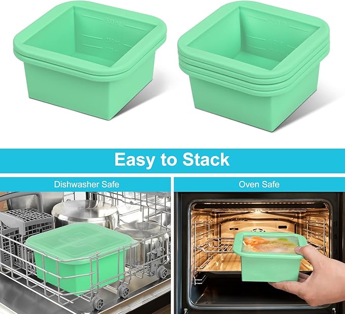 Silicone Freezer Tray with Lid 4 Pack Silicone Freezer Molds Ice Cube Tray Makes 4 Perfect 2 Cup Portions Soup Cubes Meal Prep Containers- Oven & Dishwasher Safe