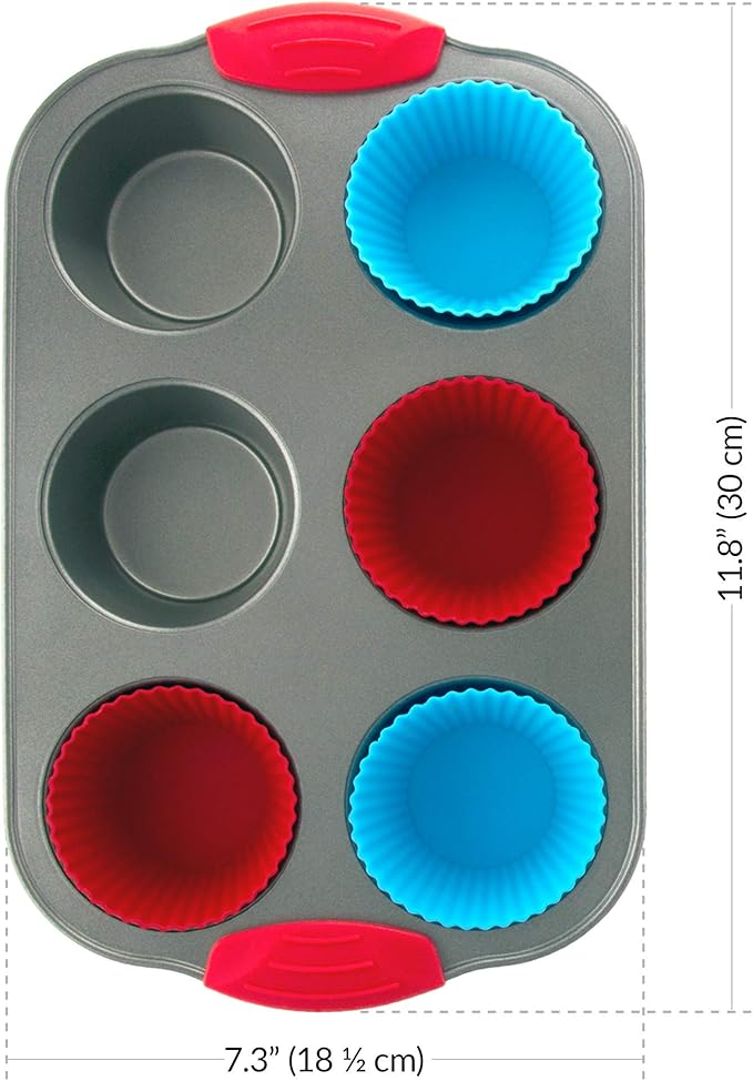 Boxiki Kitchen Duo: Non-Stick Steel Jumbo 6 Cup Muffin Pan with Silicone Handles & Reusable Liners and Durable Silicone Pound Cake Pan with Heavy Grade Steel Frame - Master Your Baking Game!
