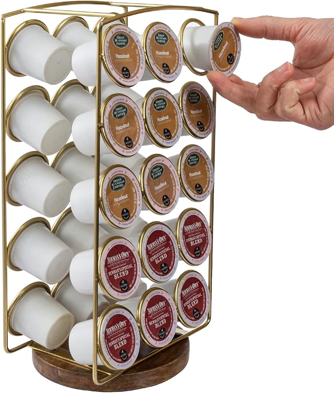 MyGift Modern Brass Tone Plated Metal and Brown Mango Wood Coffee Pod Holder Stand - Tabletop Café Bar Coffee Capsule Storage Rack - Handcrafted in India