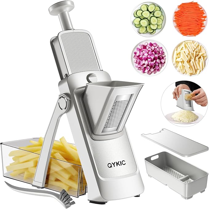 QYKIC 2026 Upgrade Safe Mandoline Slicer,Vegetable Chopper,Potato Slicer, Onion Chopper with Drain Basket Storage Container, Cheese Grater Kitchen Chopping Artifact (SliverGray)