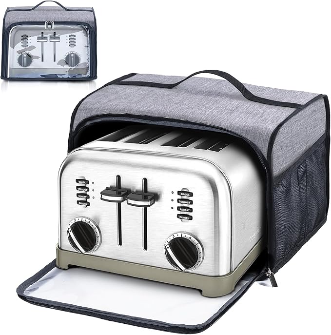 Toaster Cover with Base for 4 Slice Wide Slot, Dust Covers Compatible with Cuisinart 4 Slices, Toaster Bags with Zipper Closure (Cover Only)