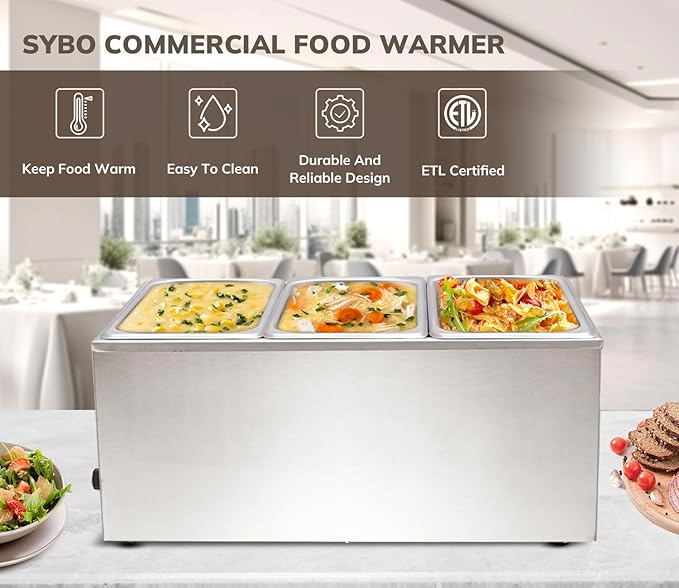 SYBO Food Warmer Commercial Grade Stainless Steel Bain Marie Easy to Clean Steam Table for Buffet Catering and Restaurants, ETL, CE ROHS Certified for Commercial, Safety (3 Sections)