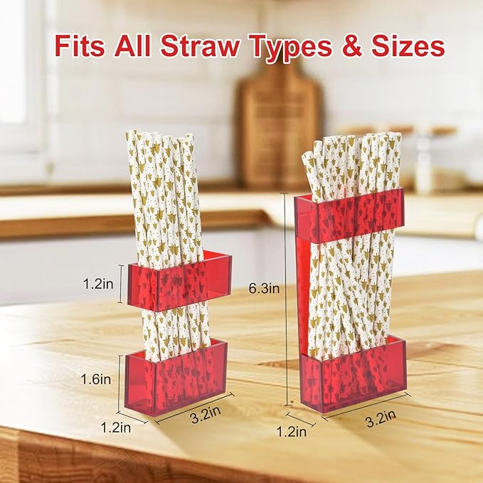 2 PACK Acrylic Straw Holder for Cabinet Doors, Reusable Straw Organizer with Ultra-Sticky Adhesive, Small Kitchen Accessories Container, Fits Both Short & Long Straws (Red)