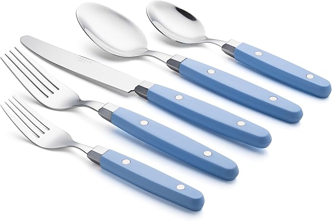 ANNOVA Silverware Set, Retro/Rivet Colorful Stainless Steel Tableware Kitchen Flatware Set Utensils, Includes Dinner Knives, Forks, Spoons, Salad Forks & Dessert Spoons (Light Blue, 20 Pieces)