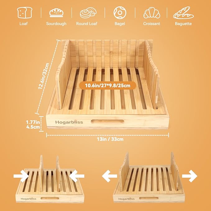 Bamboo Bread Slicer with Crumb Tray, 10.5″ Adjustable Bread Cutter & Bread Slicer Guide for Homemade Bread, Sourdough, Baguette & Sandwich – Foldable Kitchen Tool for Home Bakers