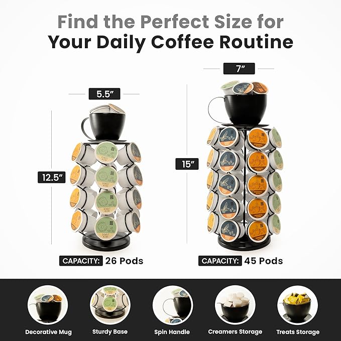 Made Easy Kit Carousel Coffee Pod Holder - Compatible with Keurig K-Pods K-Cups - Countertop 360 Spin Rack Storage Organizer - Revolving Base - Capsule Café Station Bar (Mug Black, Large)