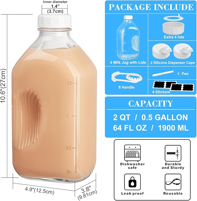 Syntic 4 Pack 2 Qt Glass Milk Bottles with Handle and Airtight Reusable Screw Lids, 1/2 Gal Glass Water & Juice Bottles with 2 Pour Spouts, 64 Oz Milk Jug Pitcher w Scale