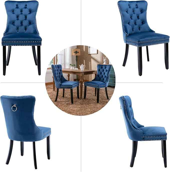 Upholstered Dining Chairs Set of 2, Velvet Dining Room Chairs with Back Ring Pull Trim and Solid Wood Legs, Tufted Wingback Kitchen Chair Perfect for Dining Room,Living Room,Kitchen(Blue)