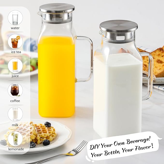 Netany 2 Pack 2.22 Liters/75 oz Square Glass Pitcher with Lid and Handle for Fridge, Iced Tea and Coffee Carafe Beverage Serveware, Heat Resistant Borosilicate Water Jug for Hot/Cold Drinks and Milk