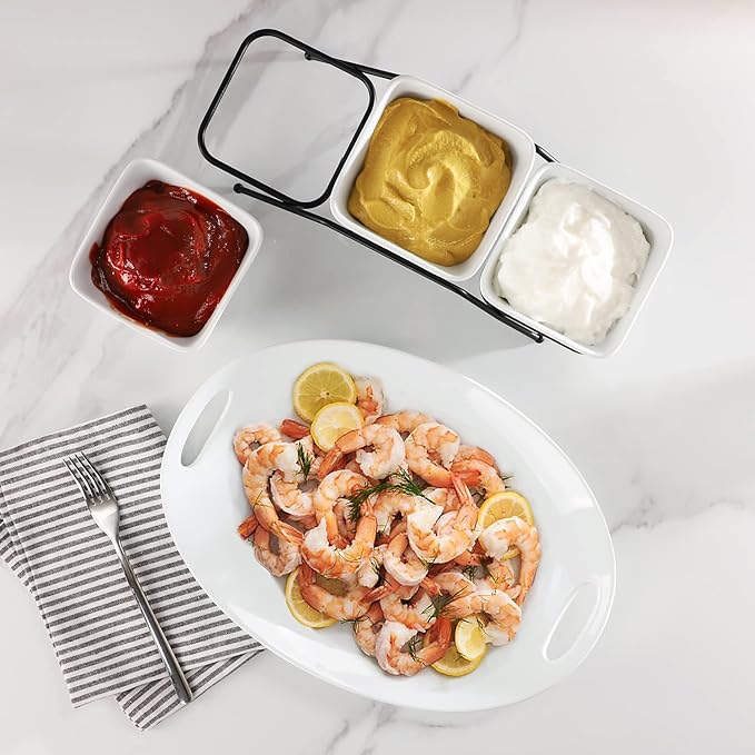 Buyajuju 3 pcs square bowl Porcelain Chip & Dip Serving Set with Black Metal Stand, 4.5inch White Small Serving Bowls for Side Dishes, Salsa, Appetizer, Serving Dishes for Entertaining 11.5 OZ
