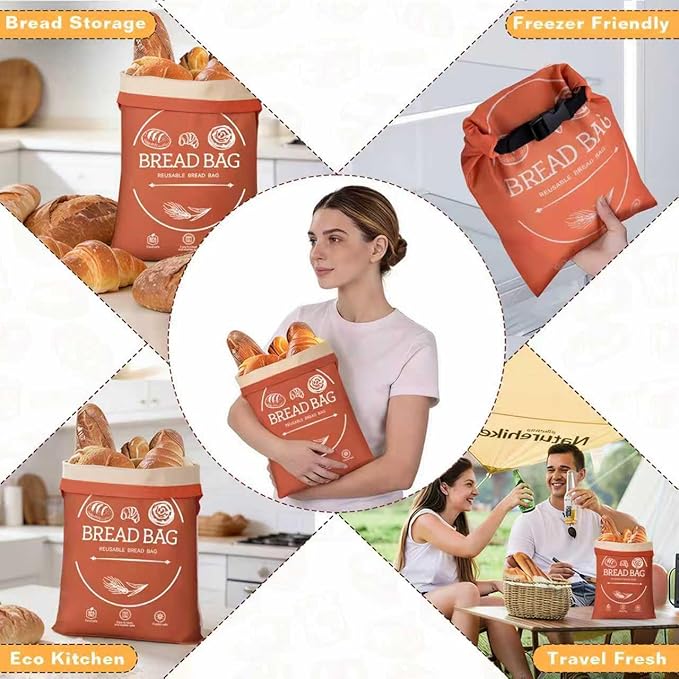 Bread Bags for Homemade, Beeswax Reusable Bread Bag for Sourdough, 1 Pack XL-Reusable Waxed Food Storage Bag to Keep Sourdough Fresh, Freezer-Safe, Eco-Friendly (Orange)