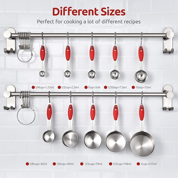 Measuring Cups and Spoons Set: U-Taste 18/8 Stainless Steel 10 Pieces Metal Stacking Kitchen Baking Cooking Food Measure Set 5 Cups 5 Spoons with Strengthened Weld Joints (Red Upgraded Version)