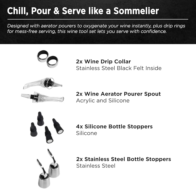FlyWithWine® by VinGardeValise Wine Accessory Kit – 18 Piece Wine Gift Set with Corkscrew Opener, Aerator Pourers, Vacuum Stoppers, Wine Chiller Bags & Sommelier Tools for Home, Bar & Travel