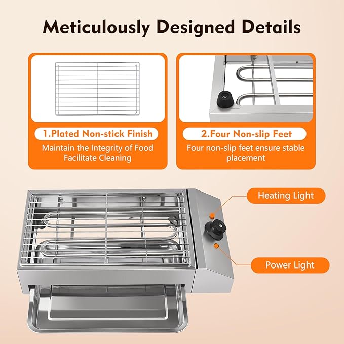 Electric Indoor Grill 1800W, 2 in 1 Smokeless Indoor Stainless Steel Grills with Non-stick Removable Grill & Grease Catcher Tray, 122-302°F Temperature Control Portable Flat Top Korean BBQ Grill