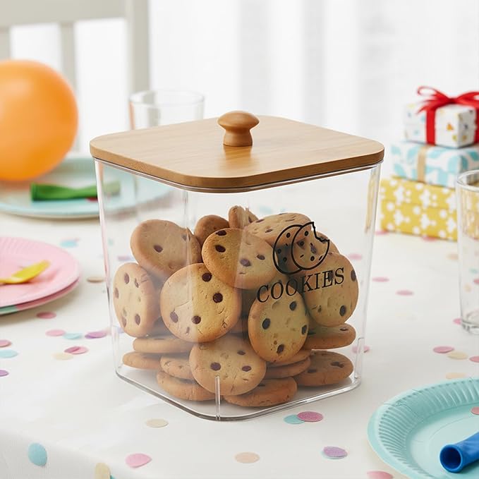 Cookie Jars with Wooden Lids Airtight, 2L Plastic Cookie Tin, Wide Mouth Candy Jar, Kitchen Counter Food Storage Container, Cute Jar for Gift Giving, BPA-Free, Clear