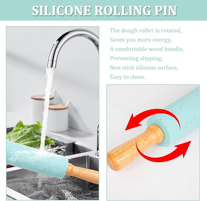 3Pcs Silicone Rolling Pin for Baking Sets,15Inch Pastry Dough Roller with Wooden Handle Silicone Mat and Brush, Non Stick Surface Rolling Pins for Dough Cookie Baking Kitchen Accessories(Green)
