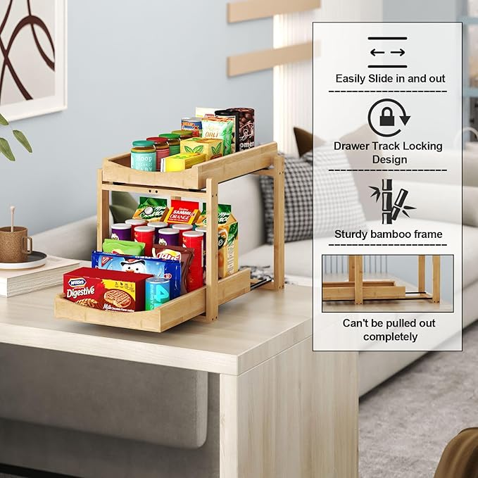 MHXW SXPN Bamboo Under Sink Organizer and Storage, Pull Out Cabinet Organization, 2 Tier Vertical Slide Out Undersink Storage Shelf, Organizer Shelves for Kitchen Bathroom Medicine (Natural, 1 Pack)