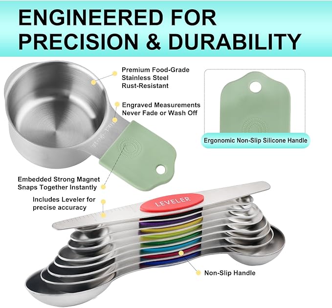 Magnetic Measuring Cups and Spoons Set of 16, 7 Stainless Steel Measuring Cups, 8 Double-Sided Measuring Spoons with 1 Leveler, Color Coded Handles, Dual Markings for Dry and Liquid Ingredients