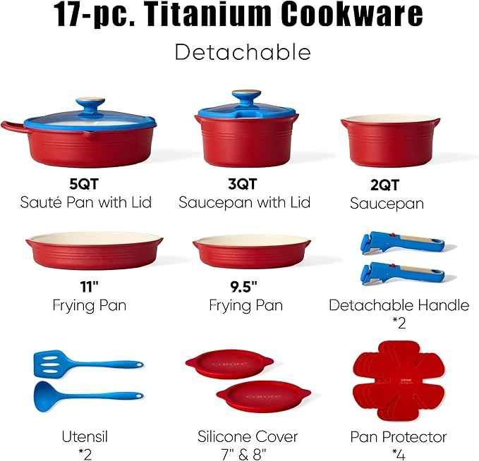 CAROTE 17Pcs Titanium Cookware Set, Pots and Pans Set Non Stick, Kitchen Cooking Set with Detachable Handle, Non Toxic Induction Cookware, Dishwasher/Oven Safe，Memphis Design