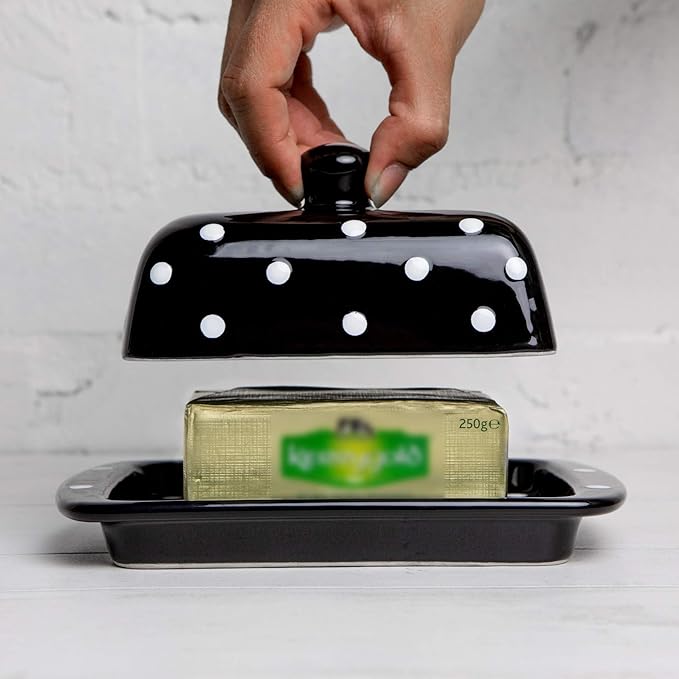 City to Cottage Large Ceramic Butter Dish With Lid for Countertop - Handcrafted Black and White Polka Dot Keeper, Container With Knob Handle, Holder Tray With Cover