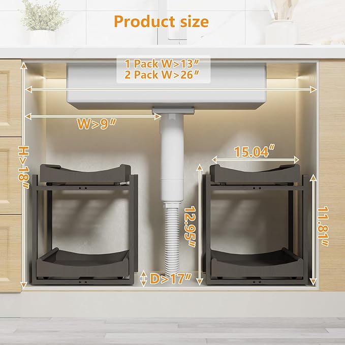 Bamboo Under Sink Organizer Adjustable Height 2 Tier Bathroom Organizer Pull Out Cabinet Storage Kitchen Heave Duty Wood Slide Ou Shelf for Kitchen Bathroom (Black, 2 Packs) (Black, 2 Packs)