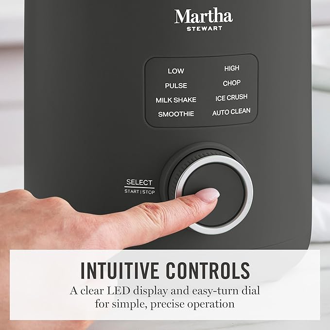 Martha Stewart 50oz Countertop Blender, Smoothie, Margarita & Ice Crushing Blender, BPA-Free Pitcher, 3 Speeds, 5 Presets, Auto-Clean Function, Dishwasher Safe, Stainless Steel Blades, Caviar Gray