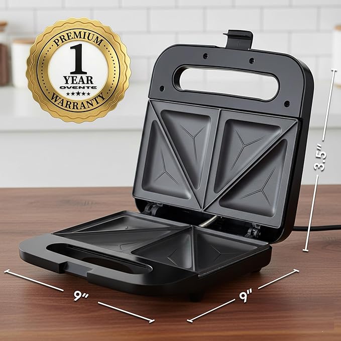 OVENTE Electric Sandwich Maker with Non-Stick Plates, Indicator Lights, Cool Touch Handle, Easy to Clean and Store, Perfect for Cooking Breakfast, Grilled Cheese, Tuna Melts and Snacks, Black GPS401B