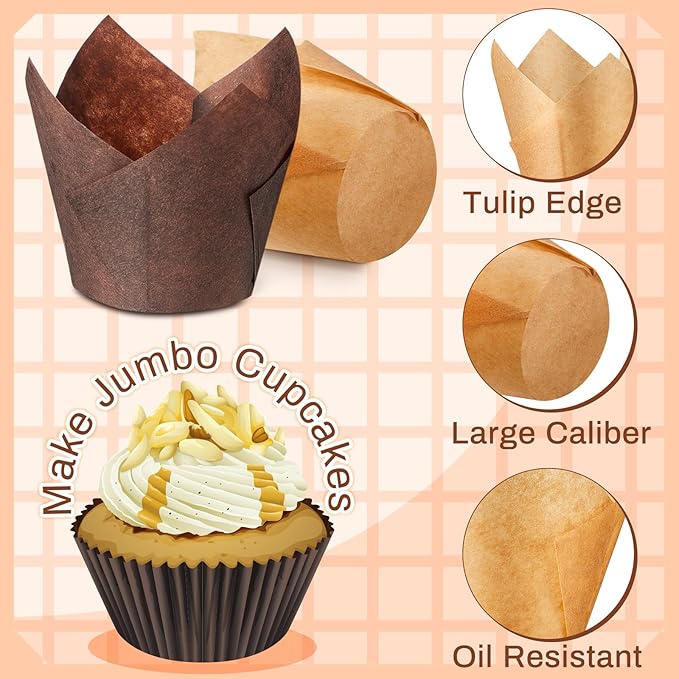 Motiskyy 300 Pcs Jumbo Muffin Liners for Baking 2-1/4" x 4" Large Tulip Cupcake Liners Greaseproof Cupcake Wrapper Paper for Weddings Birthday Christmas Anniversaries Party (Light Brown,White,Brown)